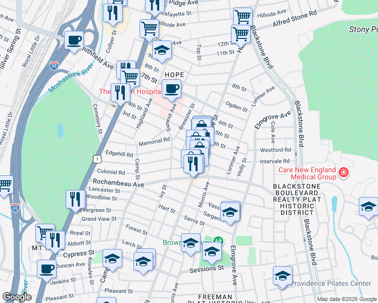map of restaurants, bars, coffee shops, grocery stores, and more near 27 Burlington Street in Providence