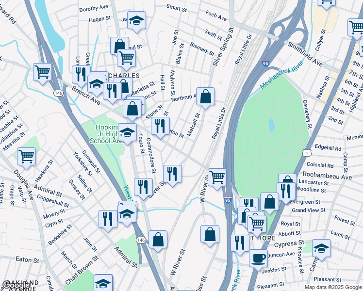 map of restaurants, bars, coffee shops, grocery stores, and more near 65 Metcalf Street in Providence