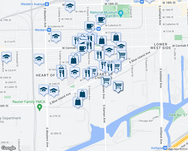 map of restaurants, bars, coffee shops, grocery stores, and more near 2409 South Hoyne Avenue in Chicago