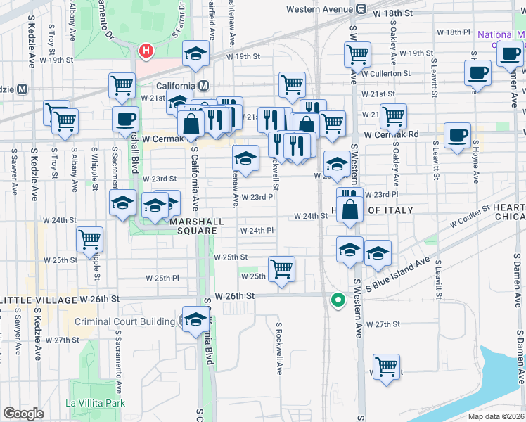 map of restaurants, bars, coffee shops, grocery stores, and more near 2624 West 24th Street in Chicago