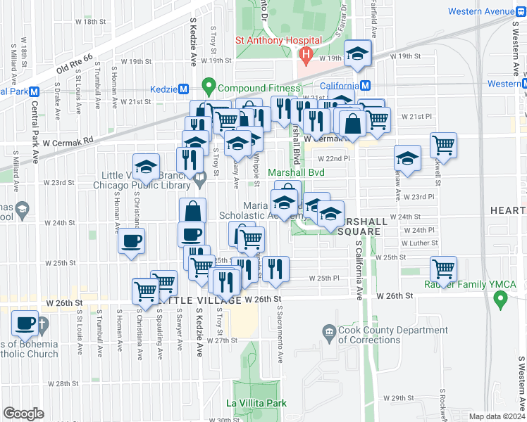 map of restaurants, bars, coffee shops, grocery stores, and more near 2354 South Sacramento Avenue in Chicago