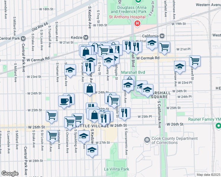 map of restaurants, bars, coffee shops, grocery stores, and more near 2352 South Whipple Street in Chicago