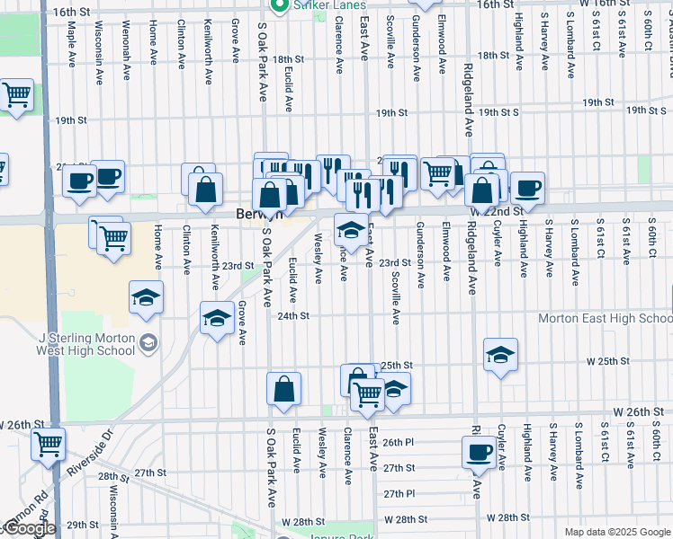 map of restaurants, bars, coffee shops, grocery stores, and more near 2307 Wesley Avenue in Berwyn