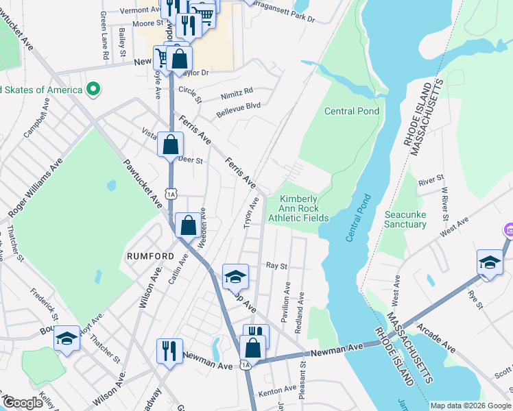 map of restaurants, bars, coffee shops, grocery stores, and more near 89 Tryon Avenue in East Providence