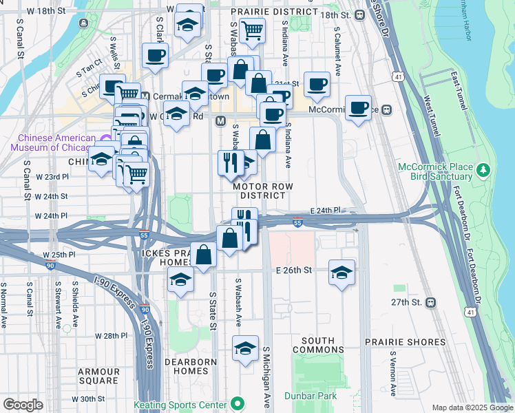 map of restaurants, bars, coffee shops, grocery stores, and more near 2422 South Michigan Avenue in Chicago