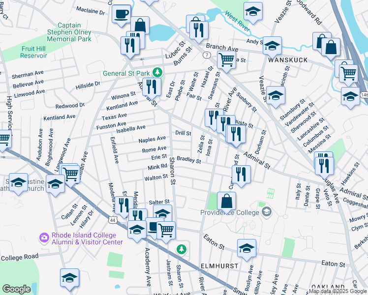 map of restaurants, bars, coffee shops, grocery stores, and more near 30 Tidd Street in Providence