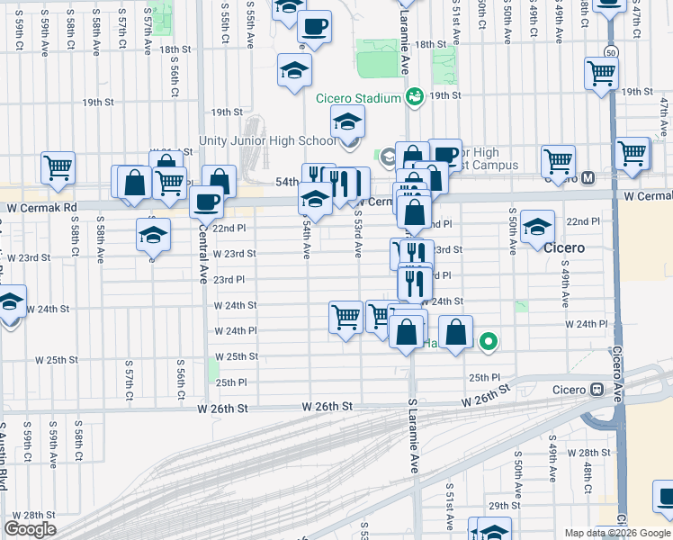map of restaurants, bars, coffee shops, grocery stores, and more near 5320 23rd Place in Cicero