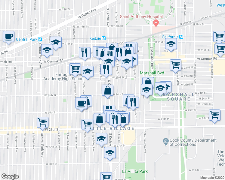 map of restaurants, bars, coffee shops, grocery stores, and more near 2343 South Kedzie Avenue in Chicago