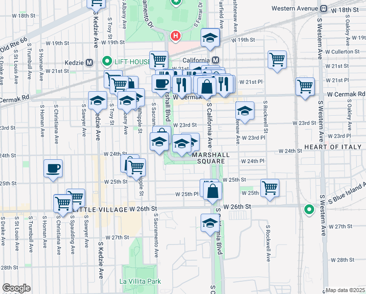 map of restaurants, bars, coffee shops, grocery stores, and more near 2869 West 23rd Place in Chicago