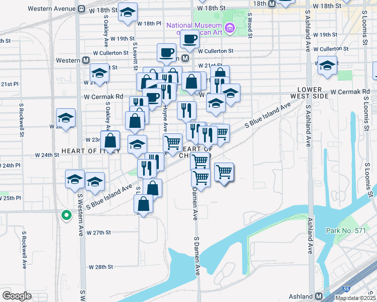 map of restaurants, bars, coffee shops, grocery stores, and more near 2416 South Blue Island Avenue in Chicago