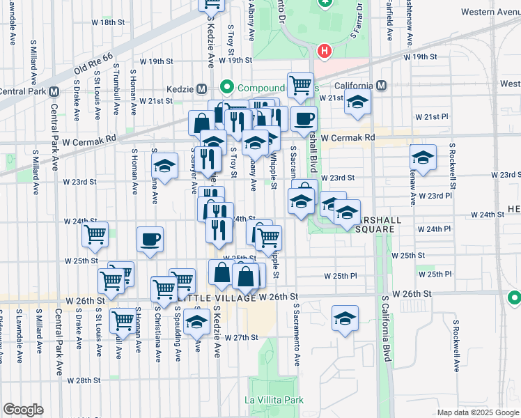 map of restaurants, bars, coffee shops, grocery stores, and more near 2352 South Whipple Street in Chicago