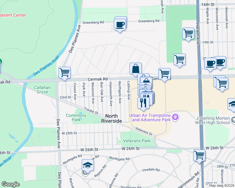 map of restaurants, bars, coffee shops, grocery stores, and more near 2257 Northgate Avenue in North Riverside