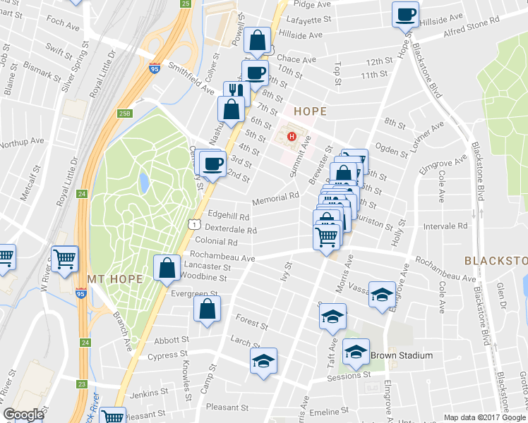 map of restaurants, bars, coffee shops, grocery stores, and more near 61 Edgehill Road in Providence