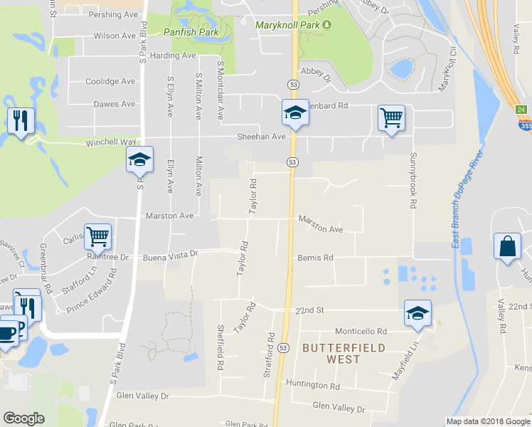 map of restaurants, bars, coffee shops, grocery stores, and more near 770 Marston Avenue in Glen Ellyn