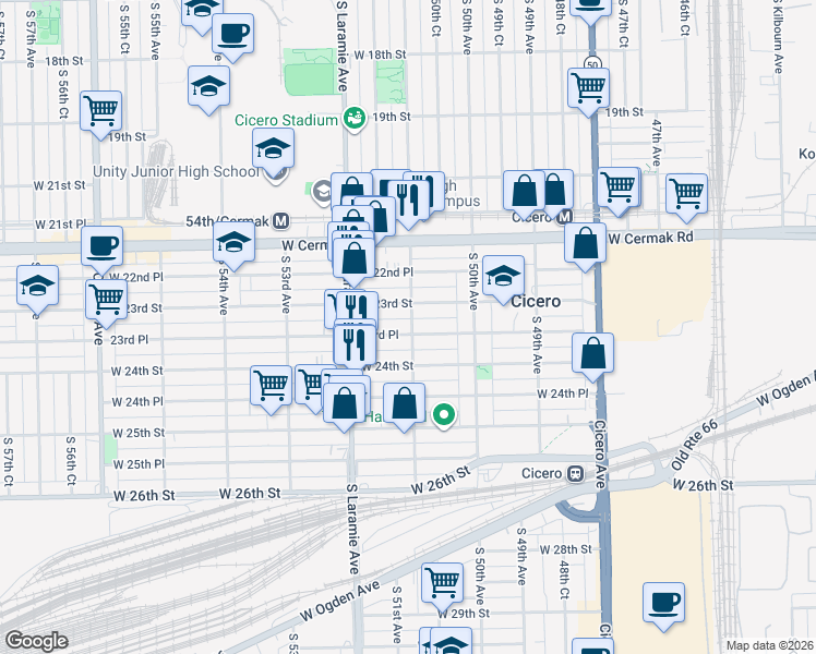 map of restaurants, bars, coffee shops, grocery stores, and more near 5100 23rd Place in Cicero