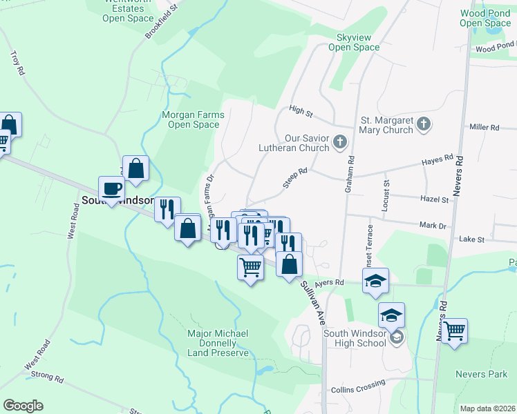 map of restaurants, bars, coffee shops, grocery stores, and more near 14 Steep Road in South Windsor