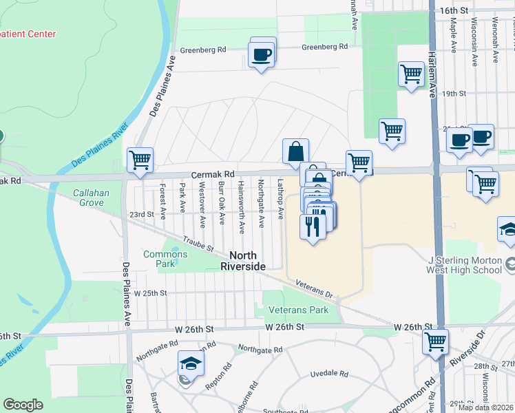 map of restaurants, bars, coffee shops, grocery stores, and more near 2252 Northgate Avenue in North Riverside