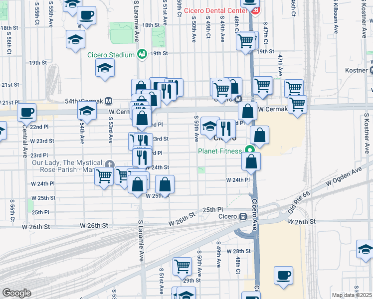 map of restaurants, bars, coffee shops, grocery stores, and more near 5016 23rd Place in Cicero