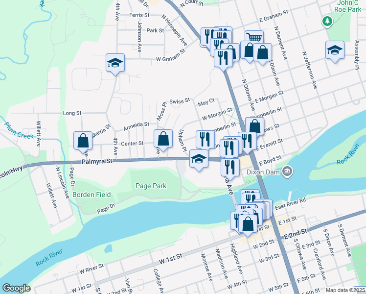 map of restaurants, bars, coffee shops, grocery stores, and more near 415 Upham Place in Dixon