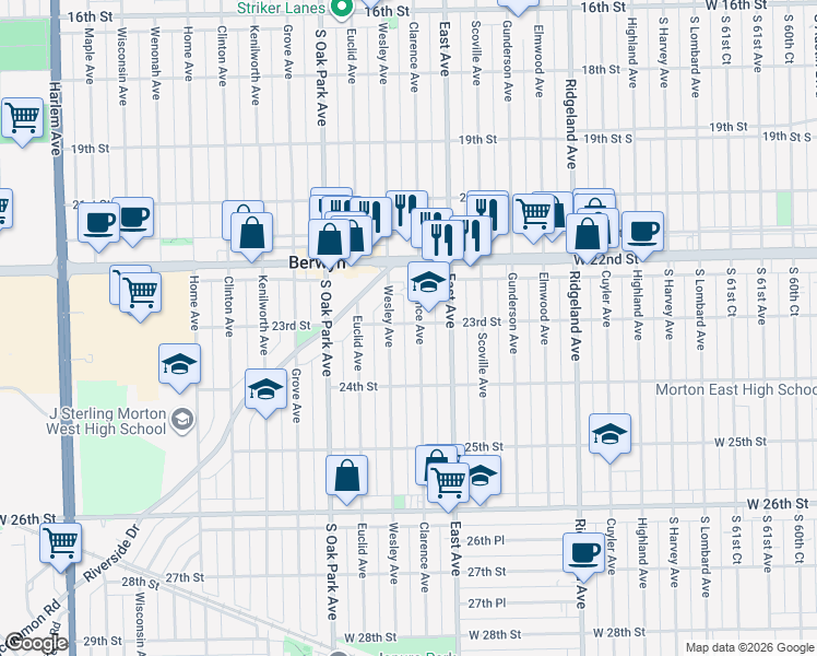 map of restaurants, bars, coffee shops, grocery stores, and more near 2307 Wesley Avenue in Berwyn