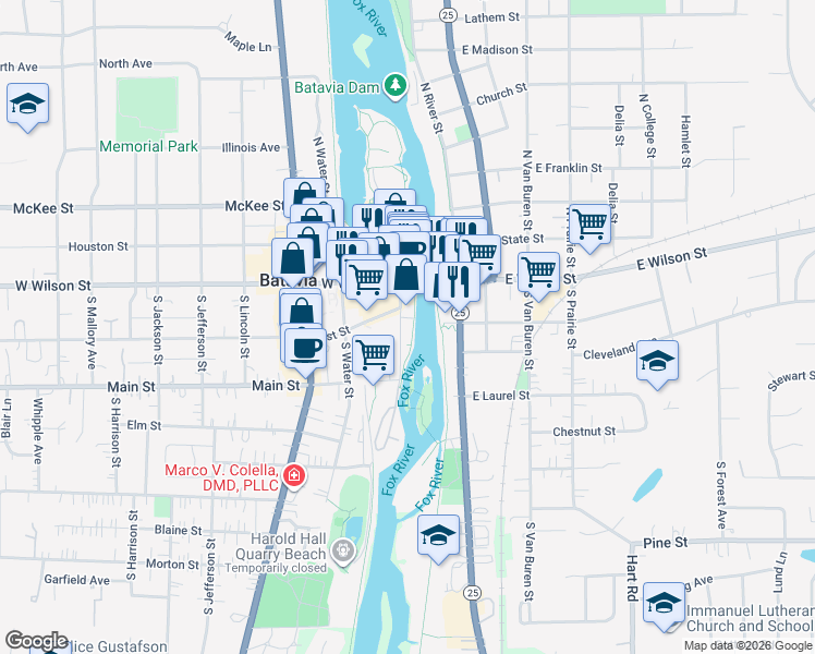map of restaurants, bars, coffee shops, grocery stores, and more near 400 Shumway Avenue in Batavia