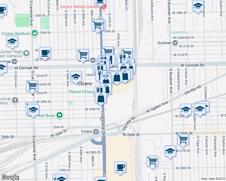 map of restaurants, bars, coffee shops, grocery stores, and more near 4779 West Cermak Road in Cicero