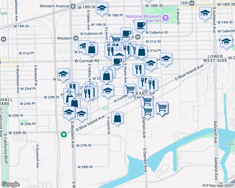 map of restaurants, bars, coffee shops, grocery stores, and more near 2126 West 24th Street in Chicago