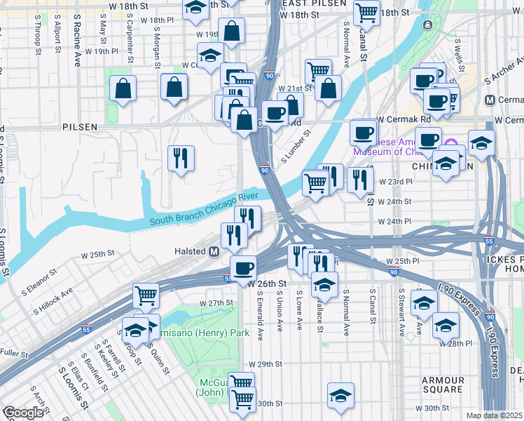map of restaurants, bars, coffee shops, grocery stores, and more near 2423 South Halsted Street in Chicago