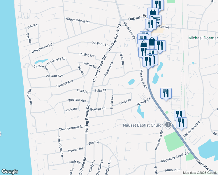 map of restaurants, bars, coffee shops, grocery stores, and more near 95 Bralla Avenue in Eastham