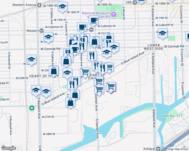 map of restaurants, bars, coffee shops, grocery stores, and more near 2416 South Blue Island Avenue in Chicago