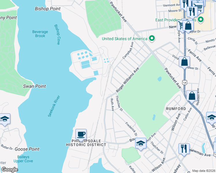 map of restaurants, bars, coffee shops, grocery stores, and more near 20 Albert Avenue in East Providence