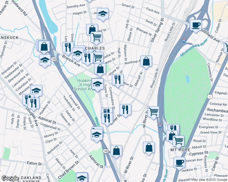 map of restaurants, bars, coffee shops, grocery stores, and more near 97 Commodore Street in Providence