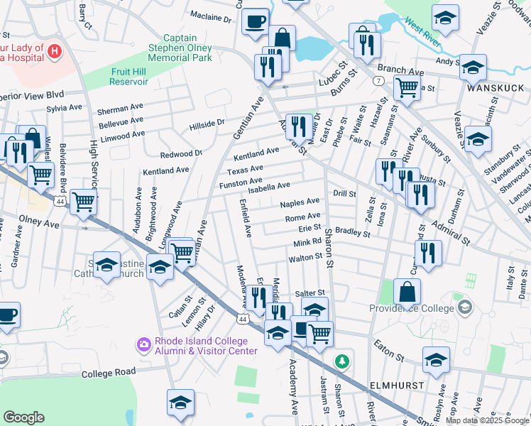 map of restaurants, bars, coffee shops, grocery stores, and more near 95 Rome Avenue in Providence
