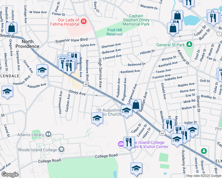 map of restaurants, bars, coffee shops, grocery stores, and more near 16 Peckham Avenue in North Providence