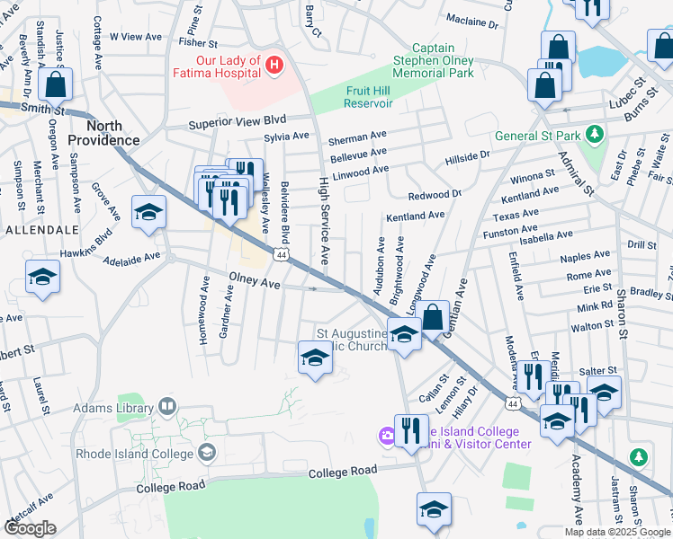 map of restaurants, bars, coffee shops, grocery stores, and more near 1342 Smith Street in North Providence