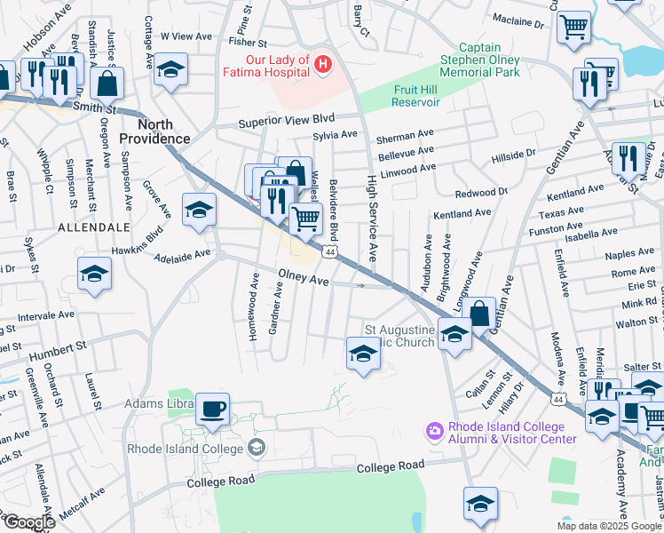 map of restaurants, bars, coffee shops, grocery stores, and more near 9 2nd Street in North Providence