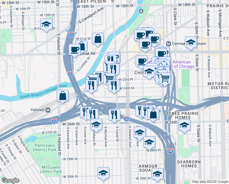 map of restaurants, bars, coffee shops, grocery stores, and more near in Chicago