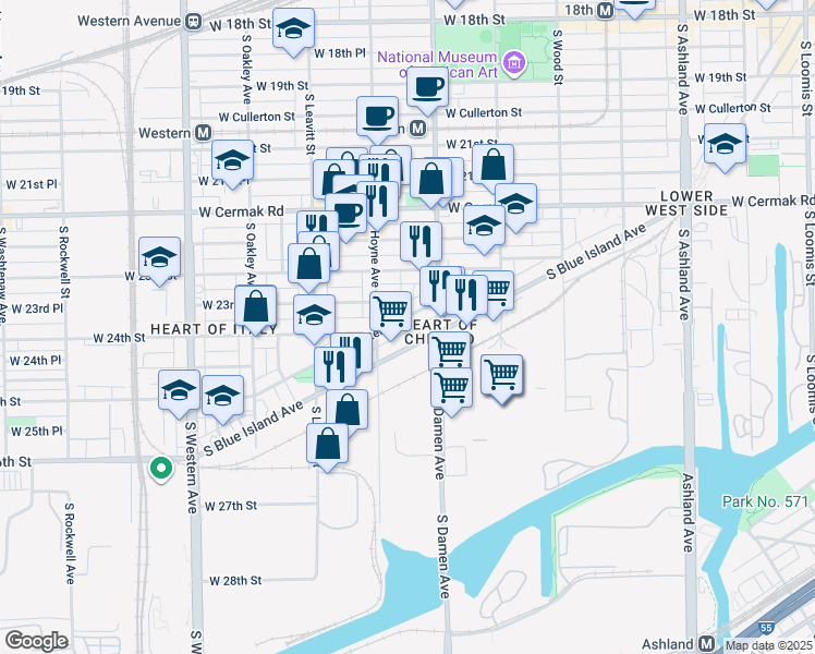 map of restaurants, bars, coffee shops, grocery stores, and more near 2416 South Blue Island Avenue in Chicago