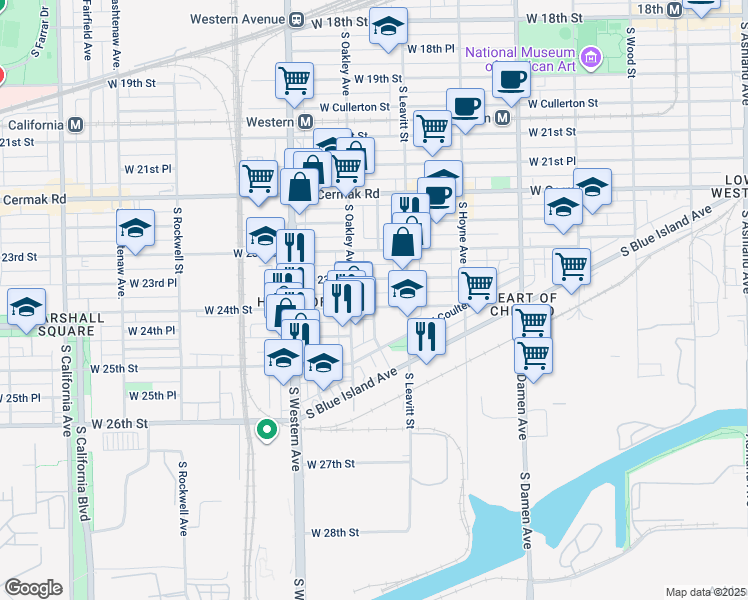 map of restaurants, bars, coffee shops, grocery stores, and more near 2248 West 24th Street in Chicago