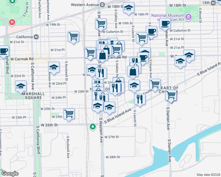 map of restaurants, bars, coffee shops, grocery stores, and more near 2320 West 24th Street in Chicago
