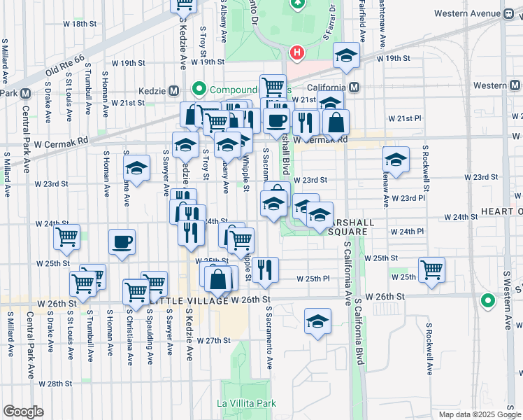 map of restaurants, bars, coffee shops, grocery stores, and more near 2354 South Sacramento Avenue in Chicago