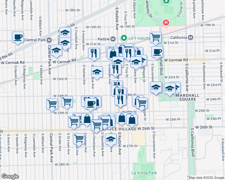 map of restaurants, bars, coffee shops, grocery stores, and more near 2346 South Sawyer Avenue in Chicago