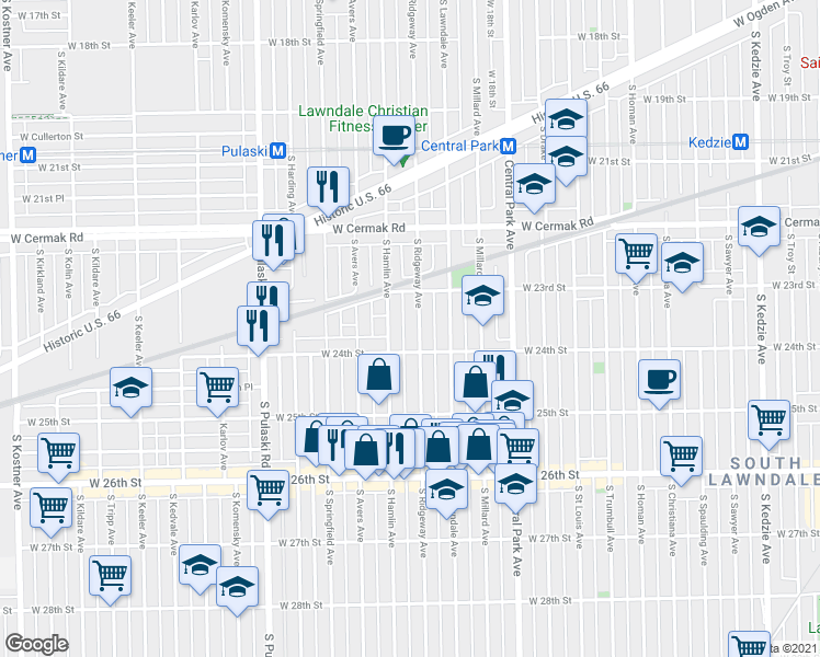 map of restaurants, bars, coffee shops, grocery stores, and more near 2346 South Ridgeway Avenue in Chicago
