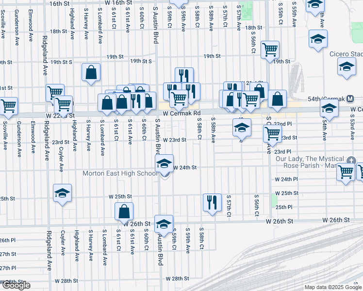 map of restaurants, bars, coffee shops, grocery stores, and more near 2313 South 59th Avenue in Cicero