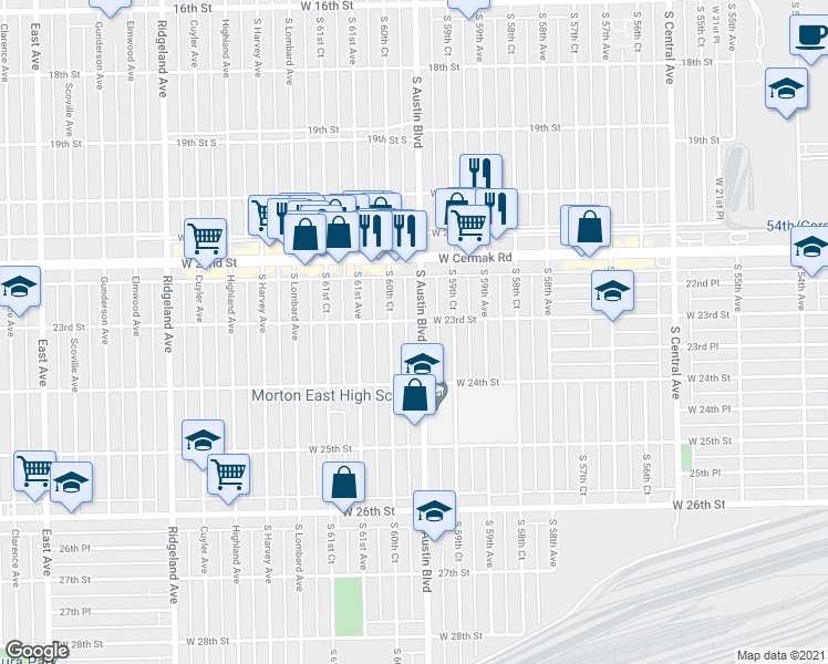 map of restaurants, bars, coffee shops, grocery stores, and more near 2310 South Austin Boulevard in Cicero