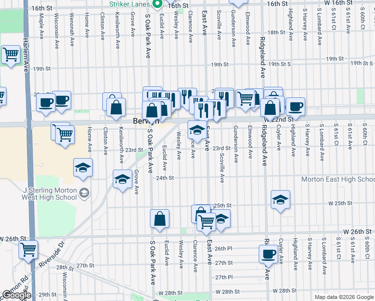 map of restaurants, bars, coffee shops, grocery stores, and more near 2307 Wesley Avenue in Berwyn