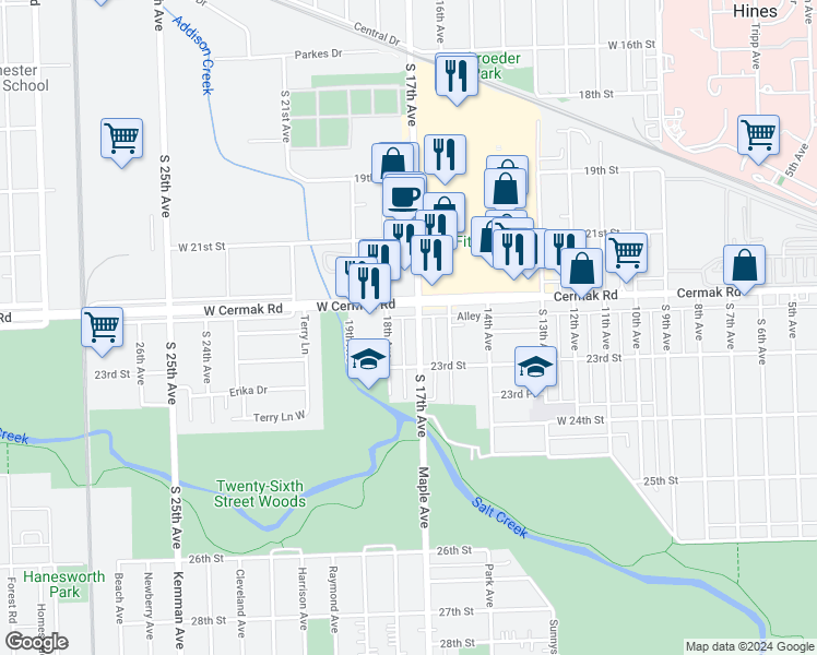 map of restaurants, bars, coffee shops, grocery stores, and more near 2217 18th Avenue in North Riverside