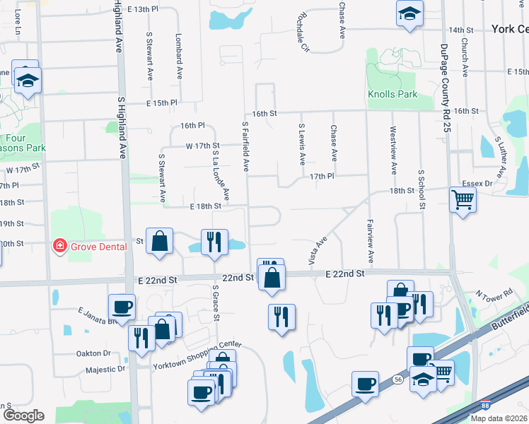 map of restaurants, bars, coffee shops, grocery stores, and more near 517 Rosebud Drive North in Lombard