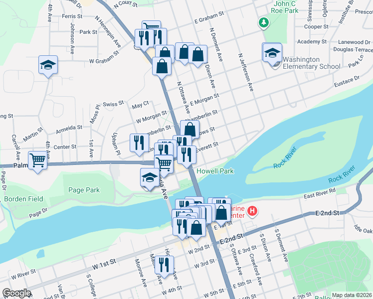 map of restaurants, bars, coffee shops, grocery stores, and more near 910 Myrtle Avenue in Dixon