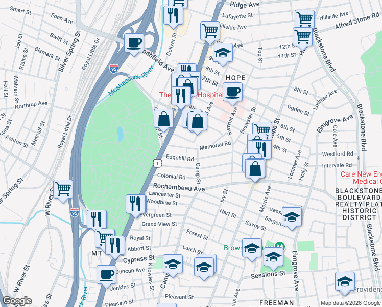 map of restaurants, bars, coffee shops, grocery stores, and more near 300 Camp St in Providence